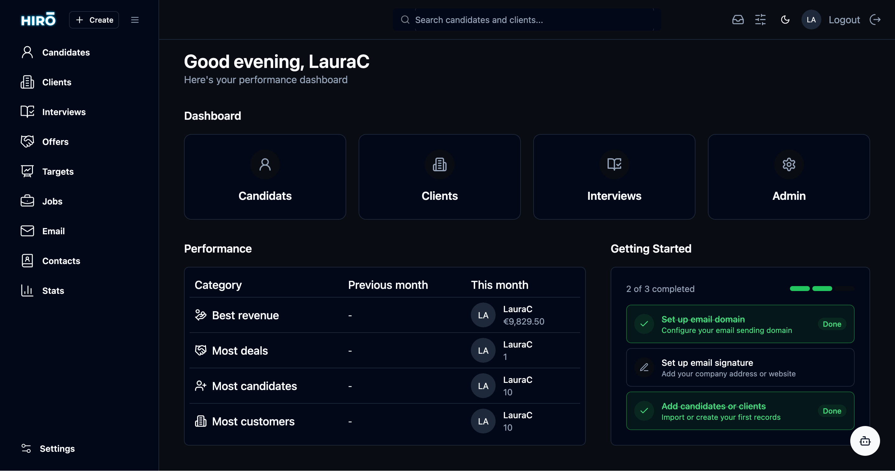 Hirō recruitment CRM dashboard interface